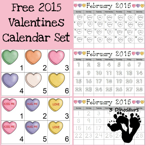 Free 2015 Valentines Calendar Printable- 3Dinosaurs.com
