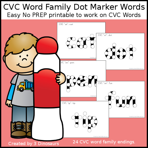 CVC Word Family Dot Marker Words - 24 different words family endings - 3Dinosaurs.com