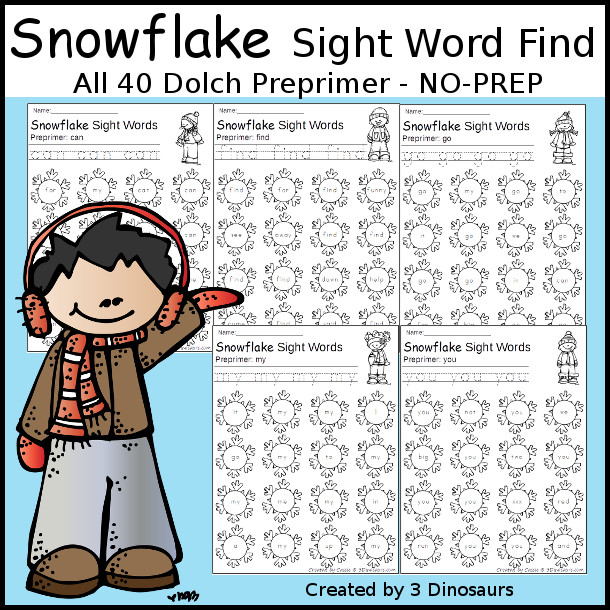 Snowflake Sight Word Find: Preprimer - trace & dot the word - 3Dinosaurs.com