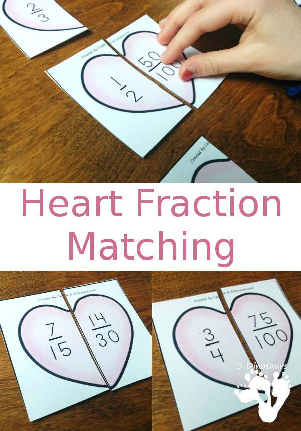 Free Hands-On Matching Heart Fractions That Are Equivalent - 4 pages of printables with 6 hearts per page - 3Dinosaurs.com