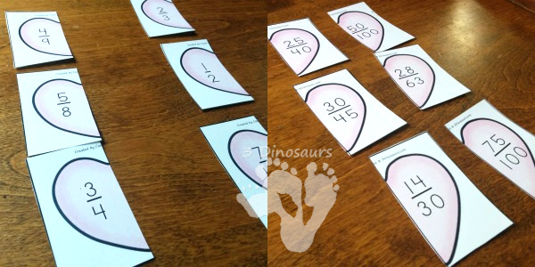 Free Hands-On Matching Heart Fractions That Are Equivalent - 4 pages of printables with 6 hearts per page - 3Dinosaurs.com