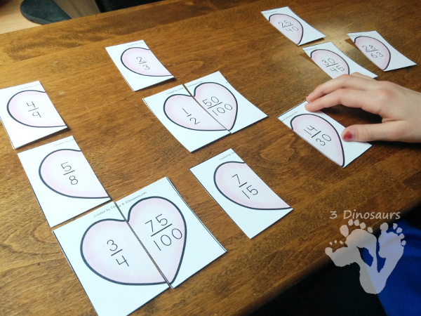 Free Hands-On Matching Heart Fractions That Are Equivalent - 4 pages of printables with 6 hearts per page - 3Dinosaurs.com