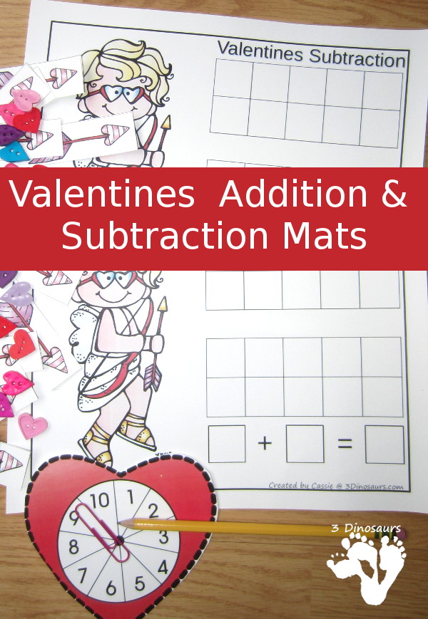 FREE Hands-On Valentines Themed Addition & Subtraction Mats - two mats with counters for ten frame and arrows for cupid - 3Dinosaurs.com