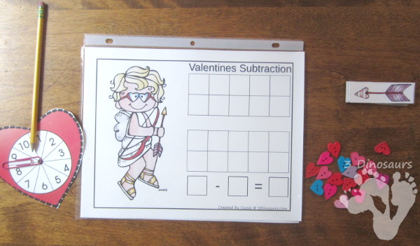 FREE Hands-On Valentines Themed Addition & Subtraction Mats - two mats with counters for ten frame and arrows for cupid - 3Dinosaurs.com