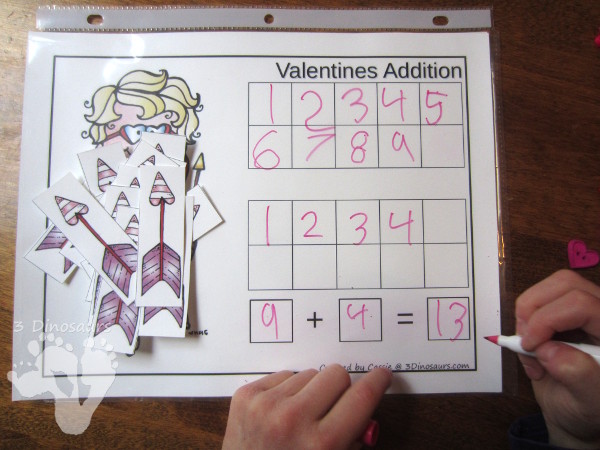 FREE Hands-On Valentines Themed Addition & Subtraction Mats - two mats with counters for ten frame and arrows for cupid - 3Dinosaurs.com