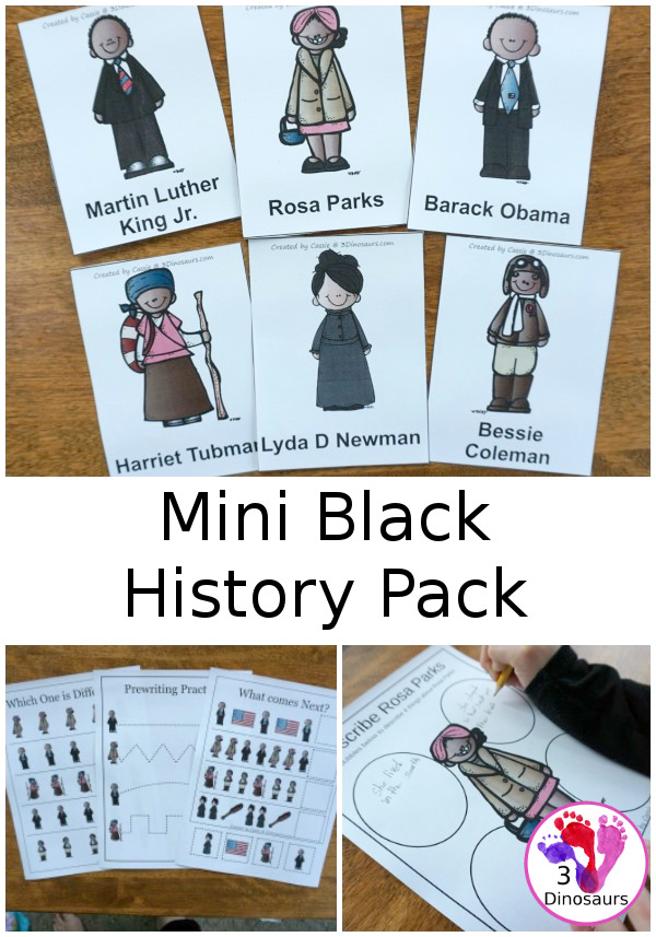 Free Mini Black History Month Pack with over 30 pages of activities for kids preschool to first grade - 3Dinosaurs.com #blackhistory #freeprintables #printablesforkids