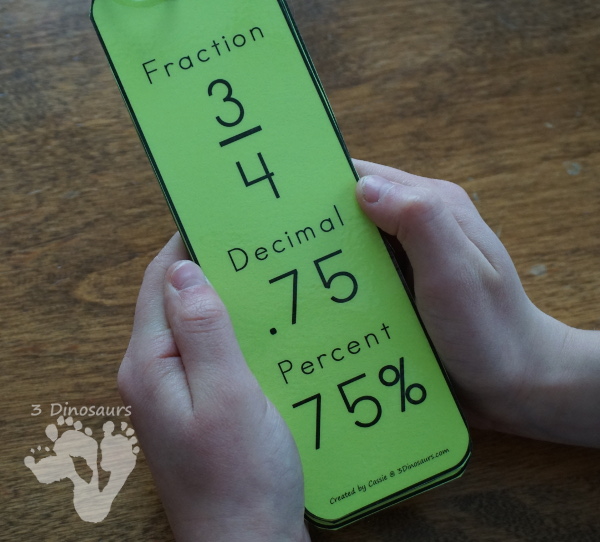 Free Fractions, Decimals, & Percents Bookmarks - see the matching fractions, decimals and prcents all together on  a bookmark - 3Dinosaurs.com #mathforkids #freeprintables 