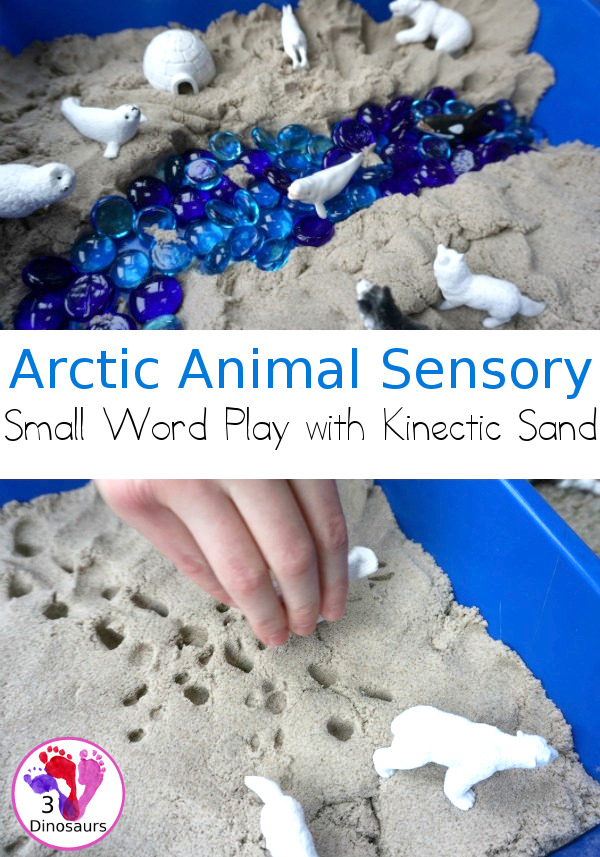 Kinetic Sand Arctic Animals Themed Sensory Bin - a fun small play sensory bin for the arctic animals with glass gems, arctic toob and kinectic sand - 3Dinosaurs.com