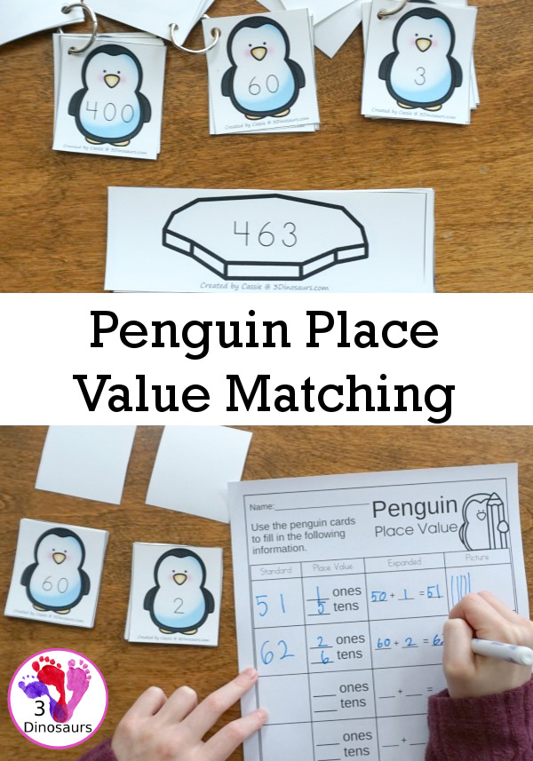 Free Penguin Place Value Matching - 2 levels of learning with place value up to hundreds for first grade and second grade learning with matching cards and recording sheets  - 3Dinosaurs.com