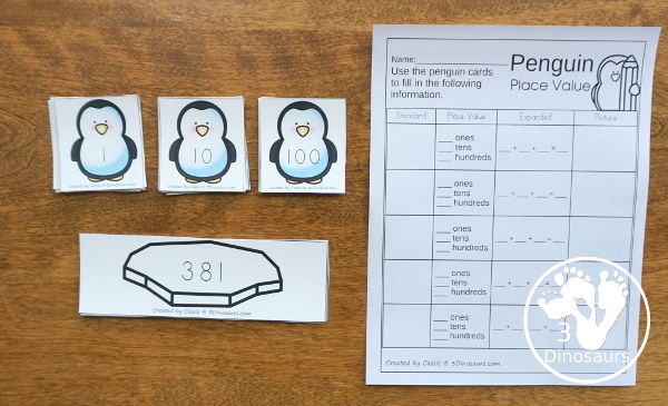 Free Penguin Place Value Matching - 2 levels of learning with place value up to hundreds for first grade and second grade learning with matching cards and recording sheets  - 3Dinosaurs.com