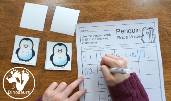 Free Penguin Place Value Matching - 2 levels of learning with place value up to hundreds for first grade and second grade learning with matching cards and recording sheets  - 3Dinosaurs.com