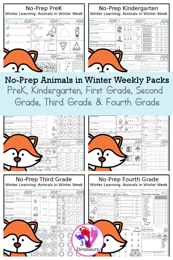 No-Prep Animals in Winter Themed Weekly Packs for PreK, Kindergarten, First Grade, Second Grade, Third Grade & Fourth Grade with 5 days of activities to do for each grade level - You will find math language and more- These are great winter-themed animal printables with loads of fun with for kids to have for fun winter learning activities - 3Dinosaurs.com