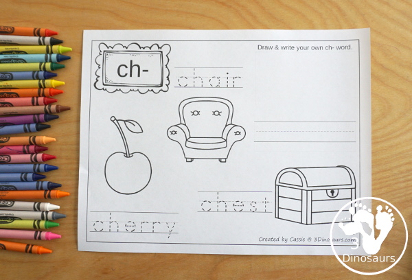 Digraph coloring page with 3 pictures color and words to trace wth matching space to make your own digraph - 3Dinosaurs.com