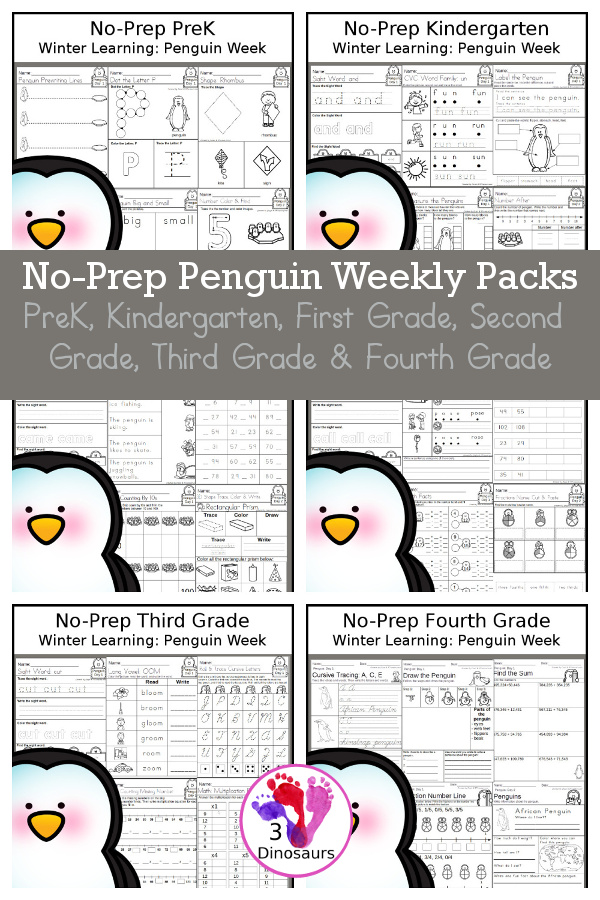 No-Prep Penguin Themed Weekly Packs for PreK, Kindergarten, First Grade, Second Grade, Third Grade & Fourth Grade with 5 days of activities to do for each grade level - You will find math language and more- These are great penguin printables with loads of fun with for kids to have for fun winter learning activities - 3Dinosaurs.com