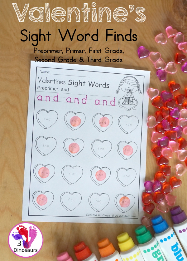 Valentines Sight Word Finds: Dolch Preprimer, Primer, First Grade, Second Grade, and Third Grade - You have tracing the sight words and find the sight words on fun hearts. This is a great no-prep printable for Valentines- 3Dinosaurs.com
