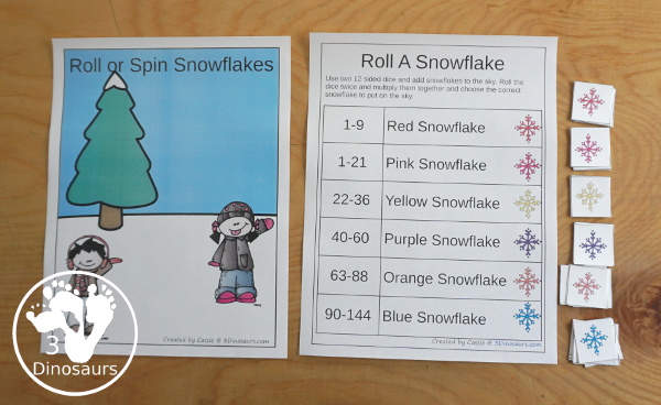 Snowflake Multiplication & Division Selling Set - with spinning multiplication and division practice worksheets, math fact pages, math fact worksheets, roll a snowflake math page, matching snowflake multiplication and division flashcard printables and snowflake dice printables- 3Dinosaurs.com