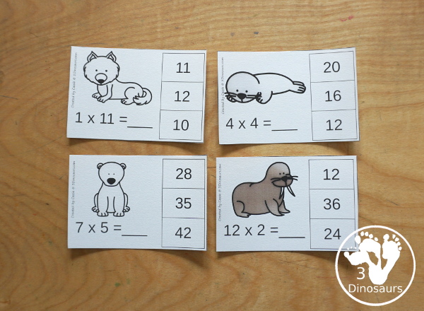 Free Arctic Animals  Multiplication Clip Cards - with multiplication from 1 to 12 for kids to work on clipping the correct answer for the multiplication with 4 cards for each number with 12 pages of printables - 3Dinosaurs.com