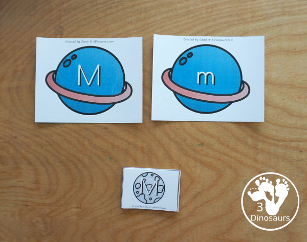 Free Space ABC Planet and Moon Matching Printable with matching uppercase and lowercase letters for kids with a planet with the letter and four moons for each planet. A great hands-on letter activity for kids - 3Dinosaurs.com