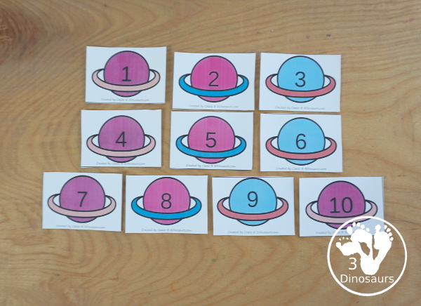 Free Planet Addition Matching - Adding from 1 to 10 with sorting three equations for each number. A great space addition math center for kids - 3Dinosaurs.com