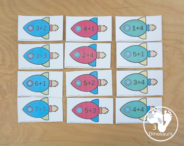 Free Planet Addition Matching - Adding from 1 to 10 with sorting three equations for each number. A great space addition math center for kids - 3Dinosaurs.com