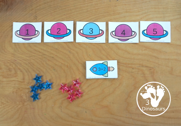 Free Planet Addition Matching - Adding from 1 to 10 with sorting three equations for each number. A great space addition math center for kids - 3Dinosaurs.com