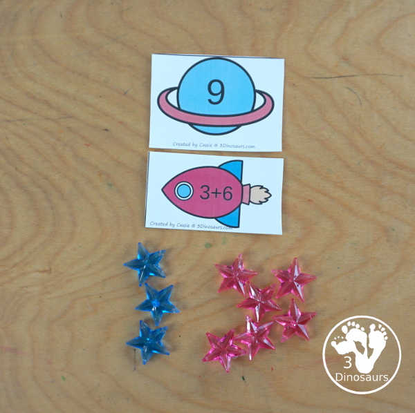 Free Planet Addition Matching - Adding from 1 to 10 with sorting three equations for each number. A great space addition math center for kids - 3Dinosaurs.com