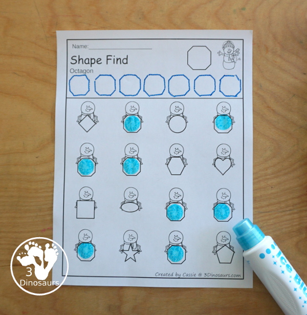 Snowman Shape Find Printable with Geometric Shapes & Shape Words with 12 shape for kids to learn about with tracing and finding the shapes. With two types of shape find printables - 3Dinosaurs.com