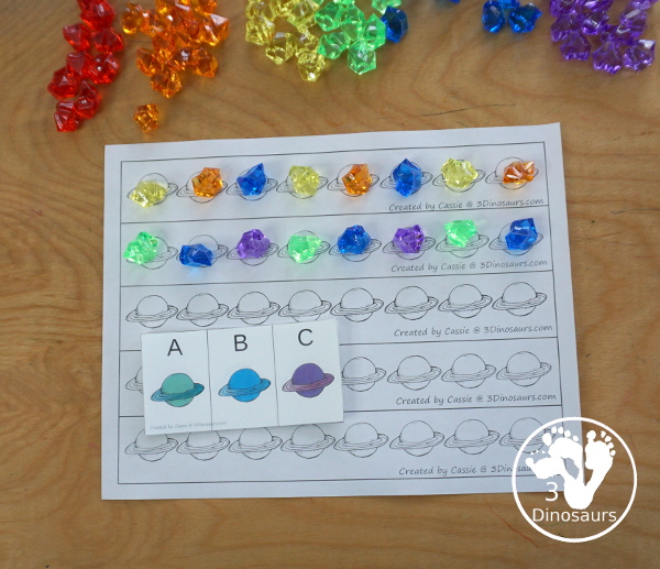 Free Planet Pattern Printable - a great way to work on patterns for a fun space theme with AB and ABC patterns for kids to use with pattern worksheets, pattern grids, continue the pattern for kindergarten and PreK pattern math. - 3Dinosaurs.com