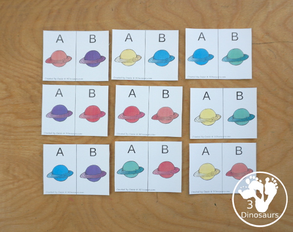 Free Planet Pattern Printable - a great way to work on patterns for a fun space theme with AB and ABC patterns for kids to use with pattern worksheets, pattern grids, continue the pattern for kindergarten and PreK pattern math. - 3Dinosaurs.com