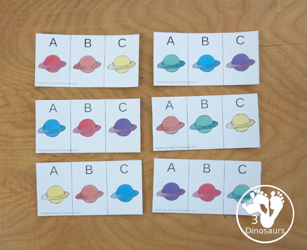 Free Planet Pattern Printable - a great way to work on patterns for a fun space theme with AB and ABC patterns for kids to use with pattern worksheets, pattern grids, continue the pattern for kindergarten and PreK pattern math. - 3Dinosaurs.com