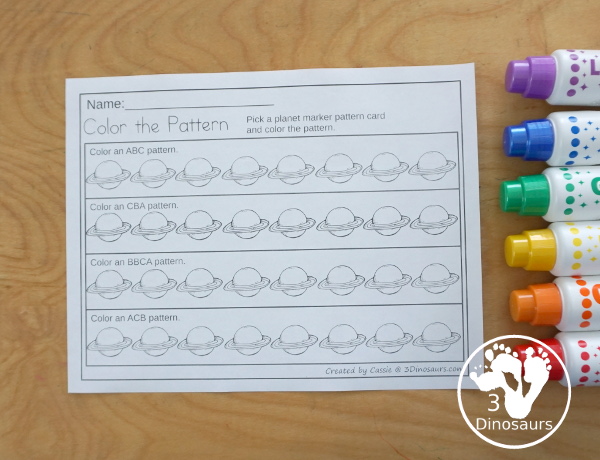 Free Planet Pattern Printable - a great way to work on patterns for a fun space theme with AB and ABC patterns for kids to use with pattern worksheets, pattern grids, continue the pattern for kindergarten and PreK pattern math. - 3Dinosaurs.com