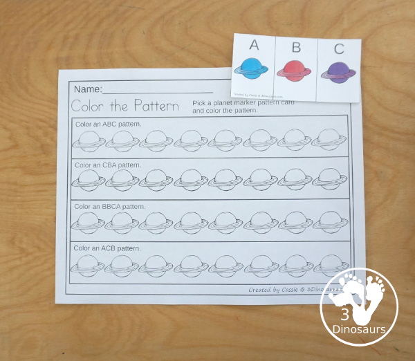 Free Planet Pattern Printable - a great way to work on patterns for a fun space theme with AB and ABC patterns for kids to use with pattern worksheets, pattern grids, continue the pattern for kindergarten and PreK pattern math. - 3Dinosaurs.com