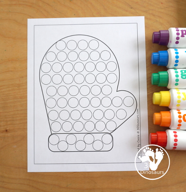 Free Mitten Fine Motor Mats - three mitten printables with mitten template printable, mitten tracing printables, and a mitten dot marker printable. All great for a winter fine motor center. - 3Dinosaurs.com