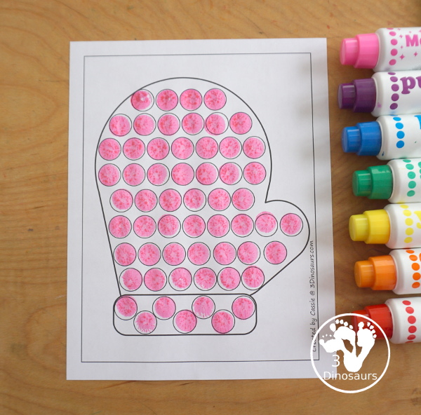 Free Mitten Fine Motor Mats - three mitten printables with mitten template printable, mitten tracing printables, and a mitten dot marker printable. All great for a winter fine motor center. - 3Dinosaurs.com