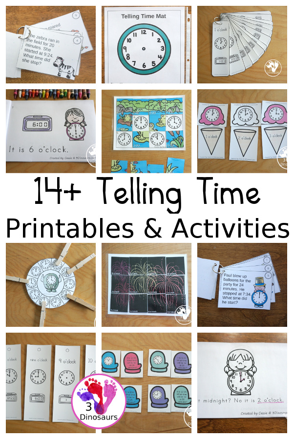 9+ Telling Time Printables & Activities - fun ways to work on telling time - with telling time cards, telling time help mats, telling time task cards, telling time hands-on activities, and more- 3Dinosaurs.com