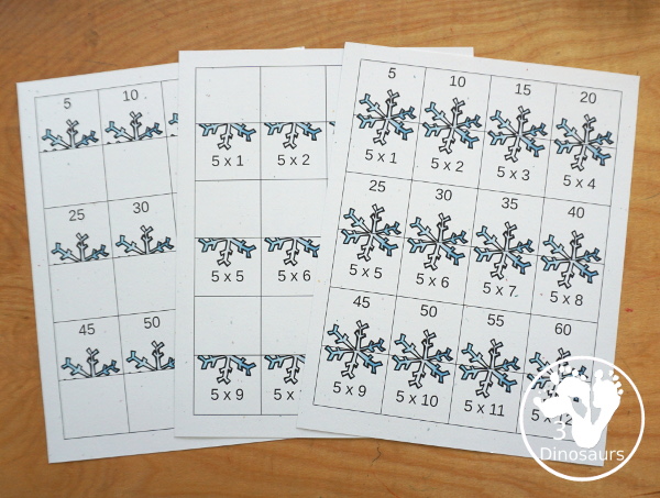 Winter Multiplication & Division Cut & Paste and Matching with cut and paste worksheets for division and multiplication with numbers 1 to 12 and match puzzles and matching mats for division and multiplication. It has a great winter snowflake theme for the printables - 3Dinosaurs.com