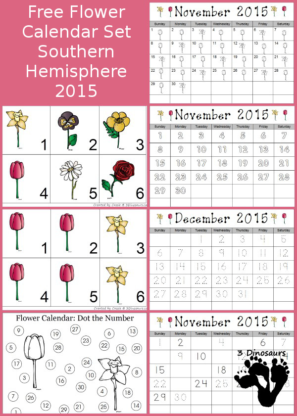 Free 2015 Flower Calendar for Southern Hemisphere - The months are November and December - 3Dinosaurs.com