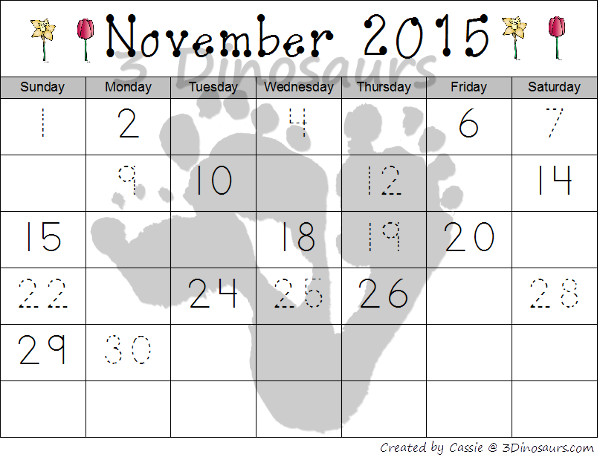 Free 2015 Flower Calendar for Southern Hemisphere - The months are November and December- 3Dinosaurs.com