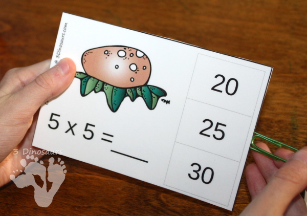 Free Dinosaur Themed Multiplication Clip Cards - 11 pages of clip cards multiplication 1 through 12 - 3Dinosaurs.com
