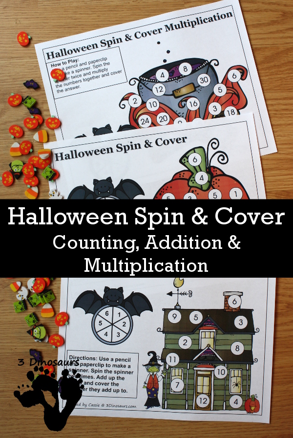 FREE Spin & Cover Halloween Math - counting, addition and multiplication - 3Dinosaurs.com