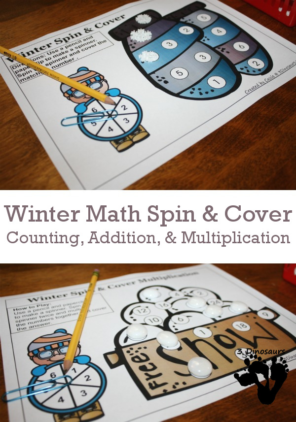 Free No-Prep Winter Math: Counting, Addition, & Multiplication - spin and cover the numbers 3Dinosaurs.com