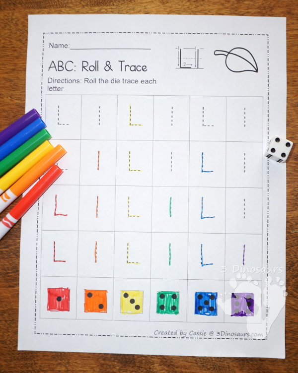 No-Prep ABC Roll & Trace - Uppercase and lowercase on one page with three tracing options $ - 3Dinosaurs.com