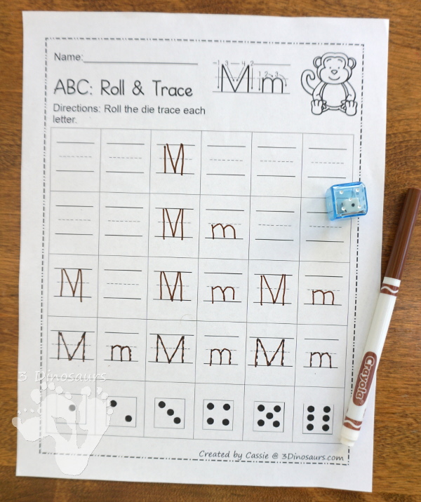 No-Prep ABC Roll & Trace - Uppercase and lowercase on one page with three tracing options $ - 3Dinosaurs.com