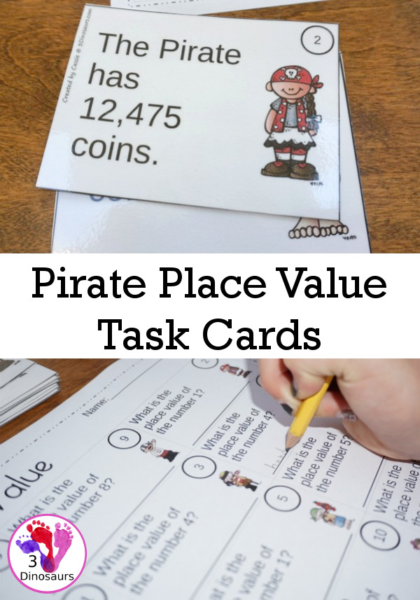 Free Pirate Themed Place Value Task Cards - 12 cards and one page to record answers - 3Dinosaurs.com