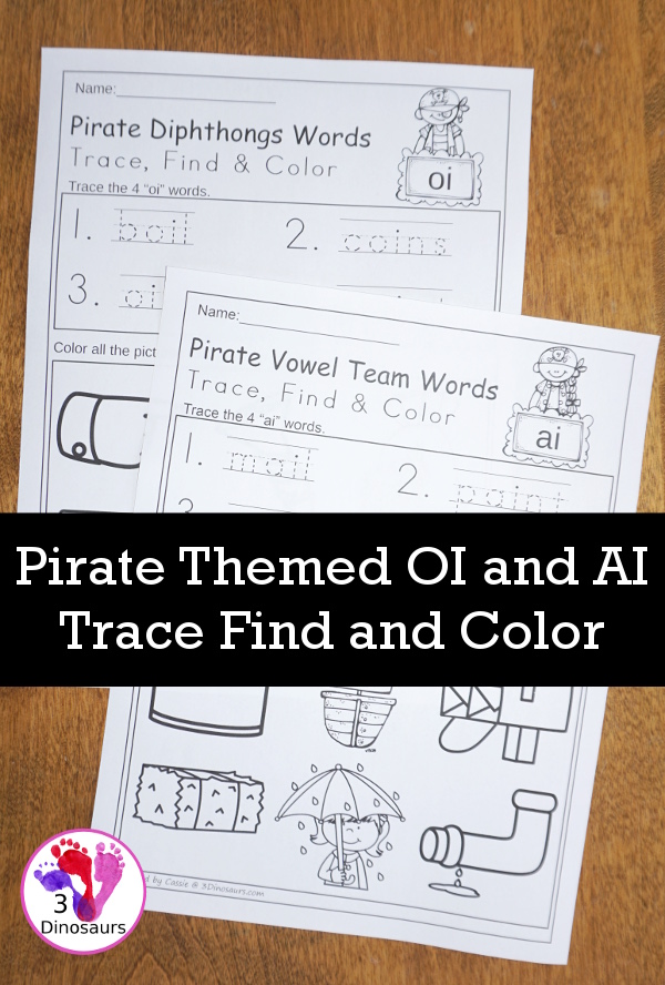 Free No-Prep Pirate Themed OI and AI Trace Find and Color - 2 pages of printables - 3Dinosaurs.com