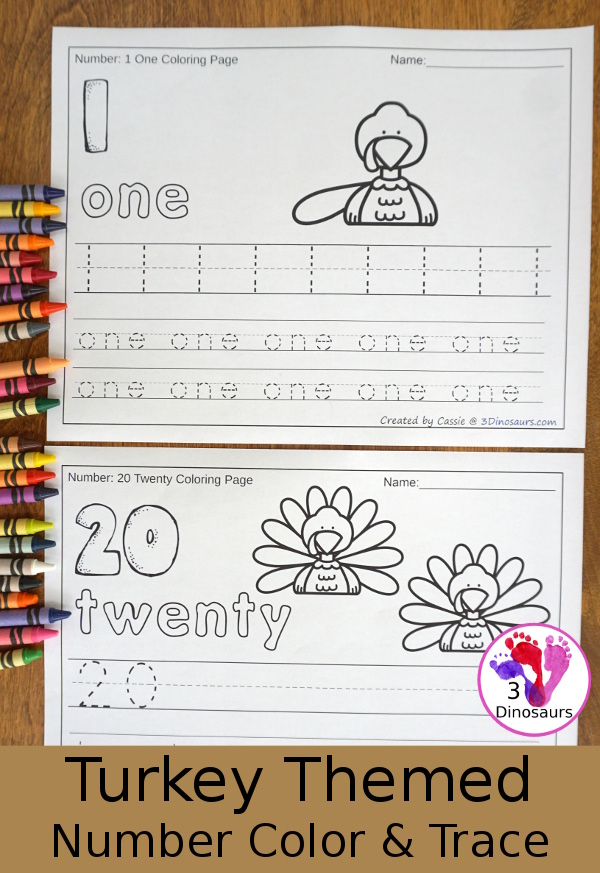 No-Prep Turkey Themed Number Color and Trace - easy no-prep printables with a fun turkey theme 44 pages with two options for the numbers tracing or writing $ - 3Dinosaurs.com