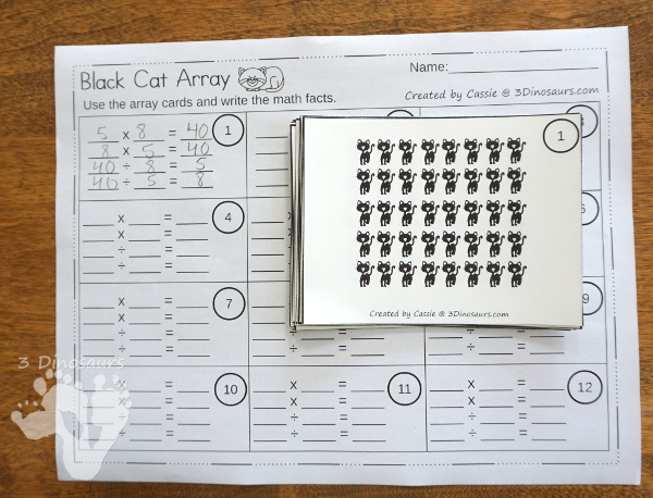 Free Black Cat Themed Array Cards with Matching Worksheets - 12 cards with 5 matching worksheets to use with them - 3Dinosaurs.com #arrays #mathforkids #thirdgrade #blackcatthemed #freeprintable #halloween