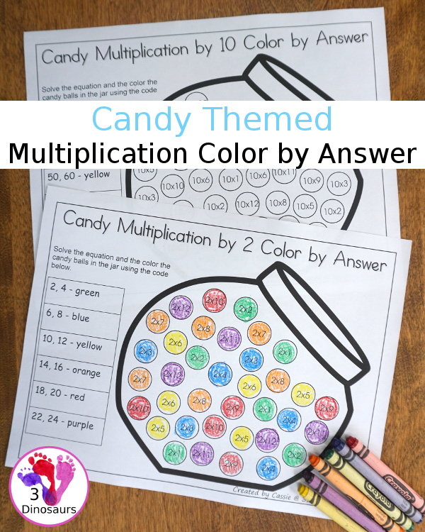 Free Candy Multiplication Color by Answer has numbers 1 to 12 and is an easy no-prep printable - 3Dinosaurs.com #freeprintable #multiplication #thirdgrade #fourthgrade