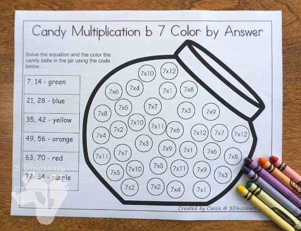 Free Candy Multiplication Color by Answer has numbers 1 to 12 and is an easy no-prep printable - 3Dinosaurs.com #freeprintable #multiplication #thirdgrade #fourthgrade