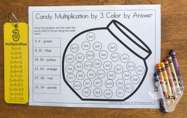 Free Candy Multiplication Color by Answer has numbers 1 to 12 and is an easy no-prep printable - 3Dinosaurs.com #freeprintable #multiplication #thirdgrade #fourthgrade